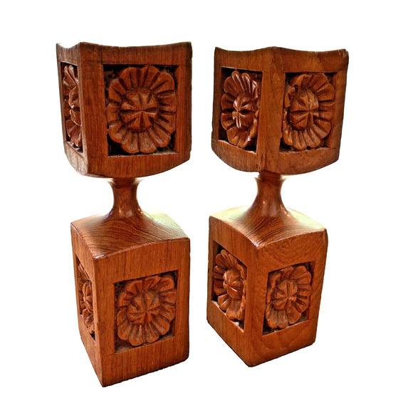 VTG Carved Wood Candlesticks Mid Century Taper Candle Holders Thai Philippines? - Picture 1 of 10